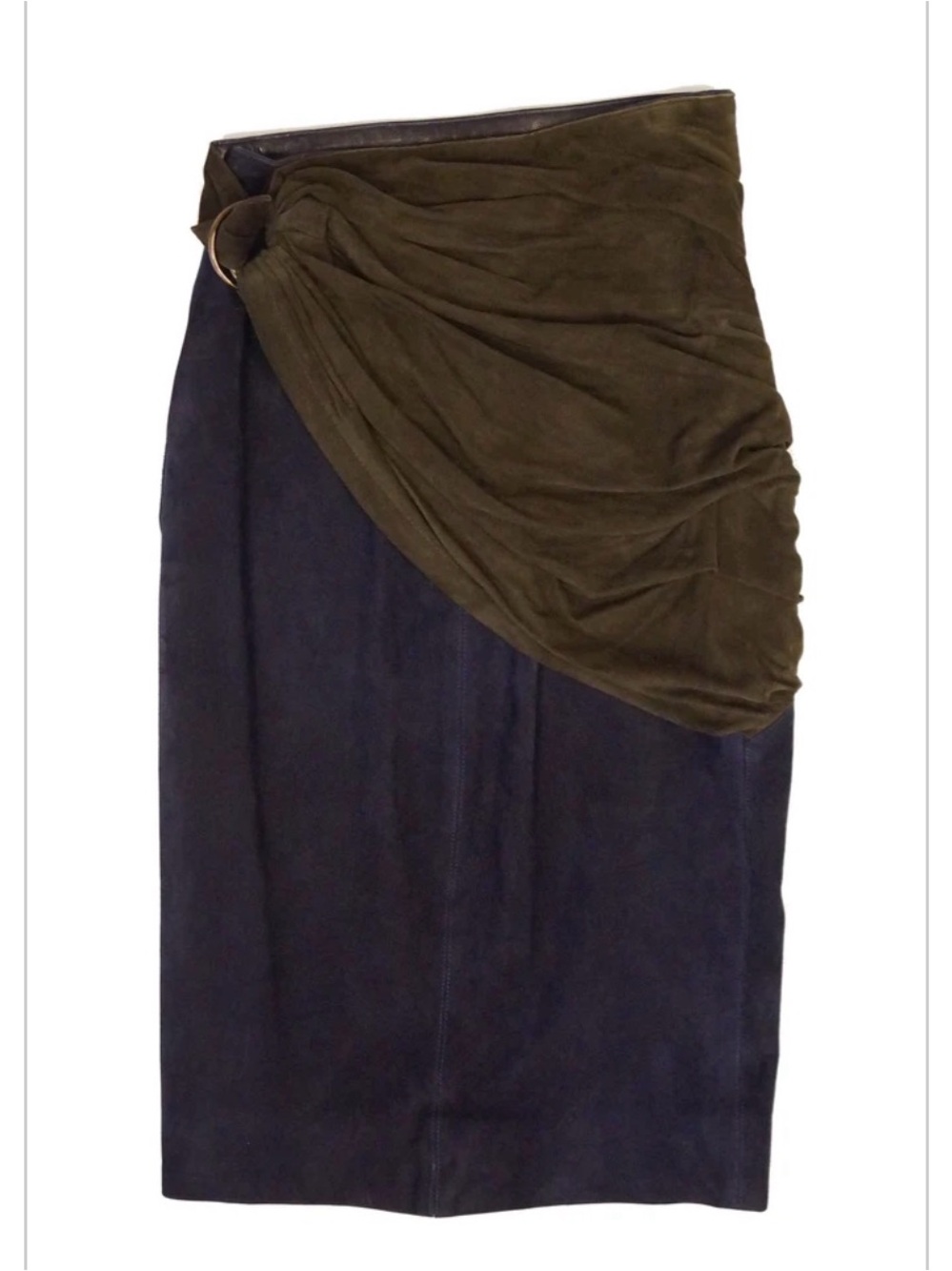 Alaia 1990s indigo and brown suede sarong  wrap skirt